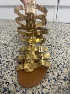 Italian Gold Strappy Gladiator Sandals - Women's Metallic Buckle Sandals